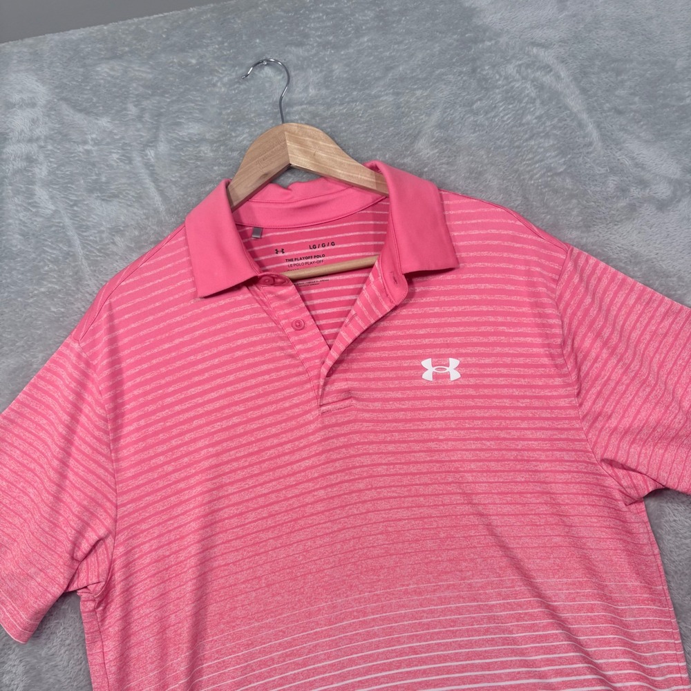 Under Armour Playoff Polo Mens Large Pink White Striped Ombre Short Sleeve Shirt
